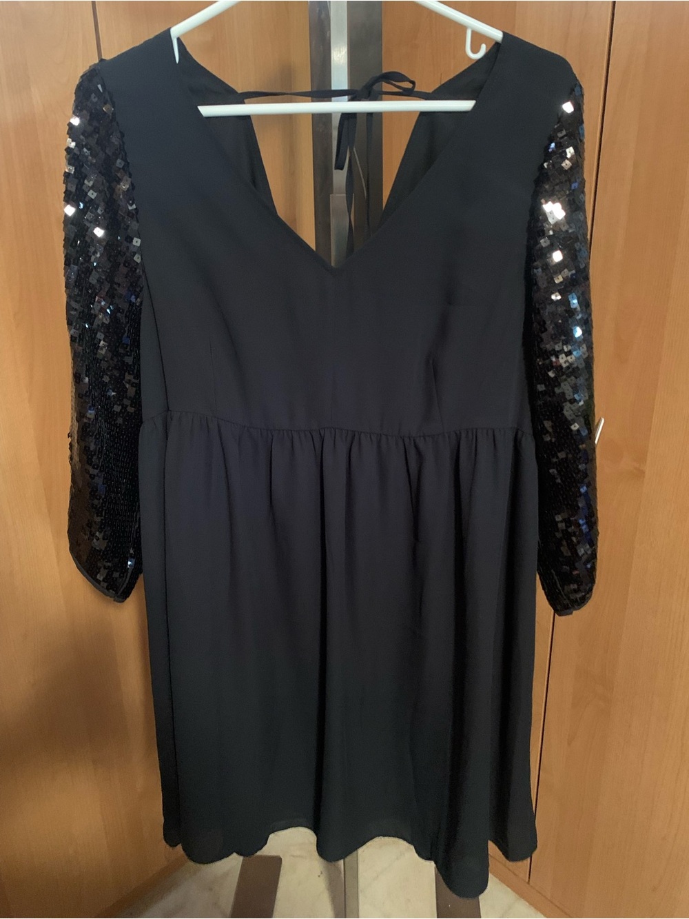 Joe Fresh Black Long Sleeve Sequin-Sleeve V-Neck Dress